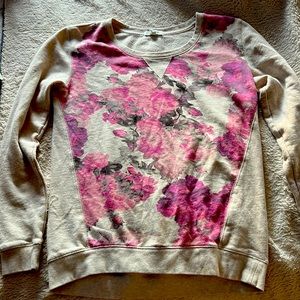 Pink khaki color with gray sweatshirt, size small, 80%, cotton, 20% polyester